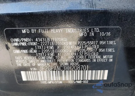 2017 Subaru Crosstrek 2.0I Limited z USA, uszkodzony, nr VIN JF2GPANC3HH208701